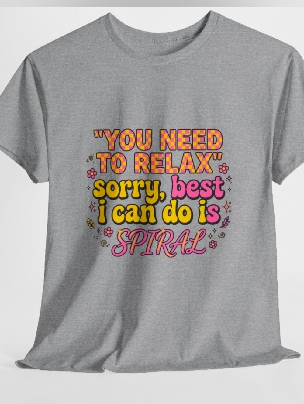 Graphic Sprial Crewneck T‑Shirt - Grey with Pink & Yellow Print Boutique NWT